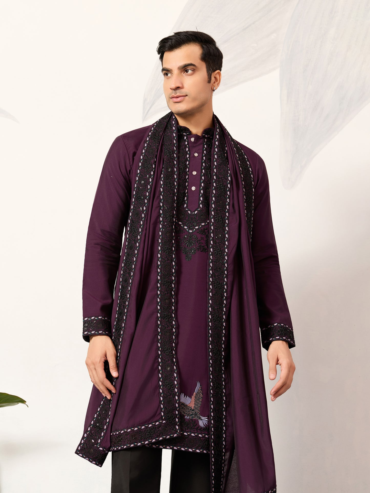 Royal Plum Aviary Embroidered Kurta with Dupatta