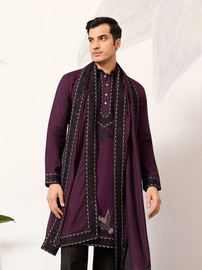 Royal Plum Aviary Embroidered Kurta with Dupatta