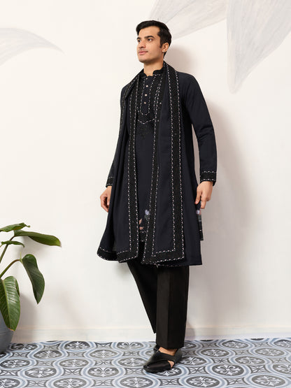 Navy Royale Aviary Embroidered Kurta with Dupatta
