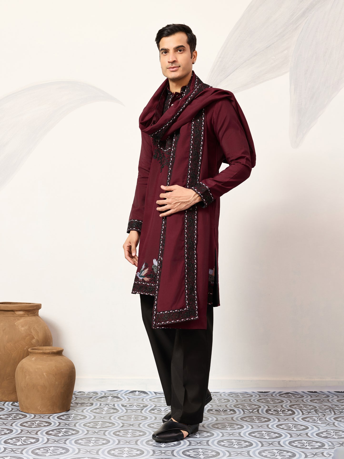 Royal Maroon Embroidered Kurta with Dupatta