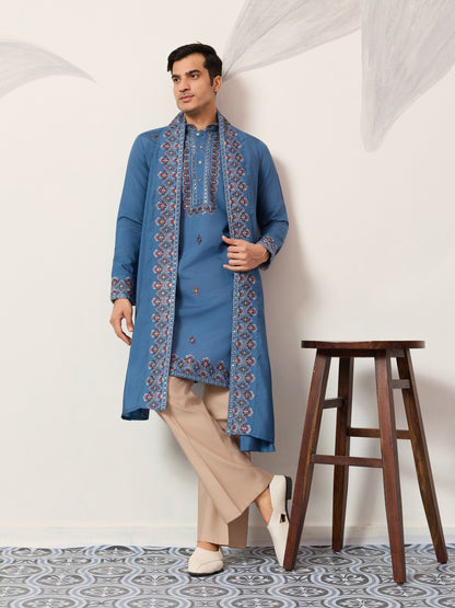 Men’s Royal Blue Embroidered Kurta with Dupatta