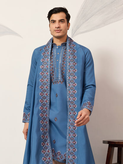 Men’s Royal Blue Embroidered Kurta with Dupatta