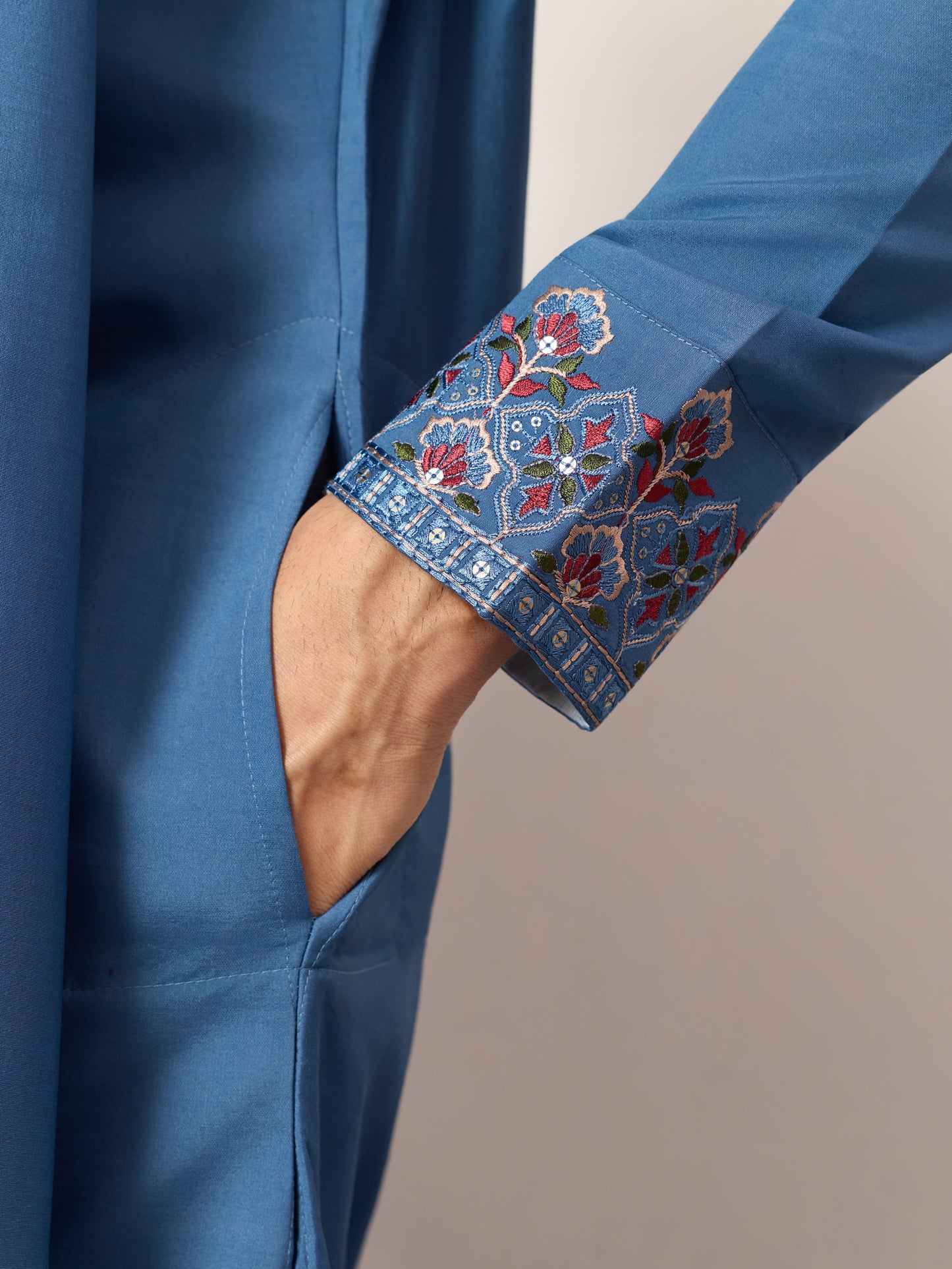 Men’s Royal Blue Embroidered Kurta with Dupatta