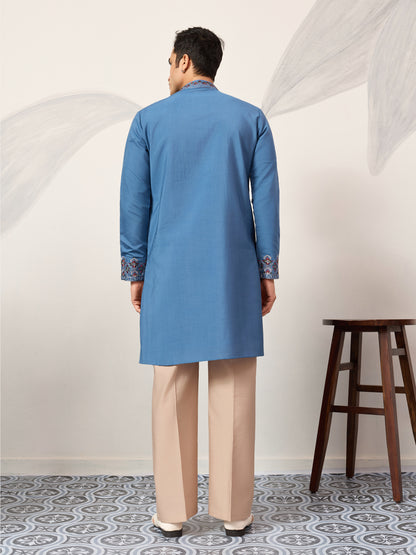 Men’s Royal Blue Embroidered Kurta with Dupatta