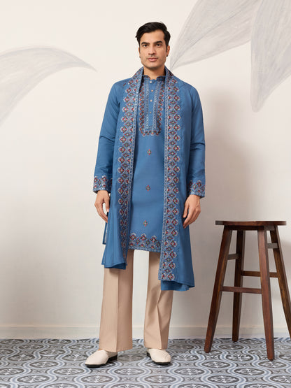 Men’s Royal Blue Embroidered Kurta with Dupatta