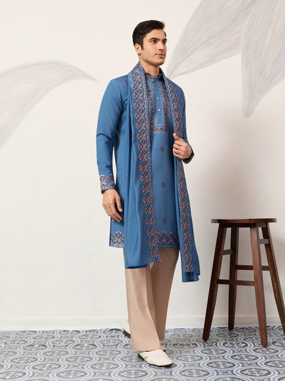 Men’s Royal Blue Embroidered Kurta with Dupatta
