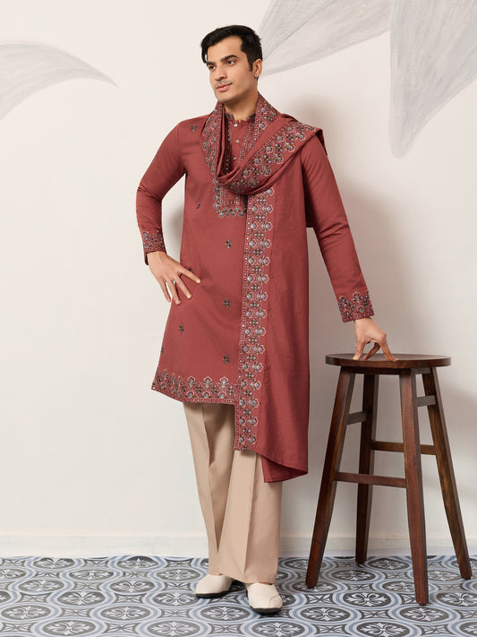 Men’s Orange Embroidered Kurta with Dupatta