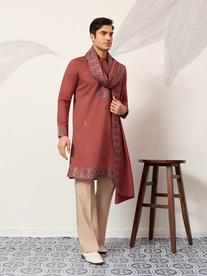 Men’s Orange Embroidered Kurta with Dupatta