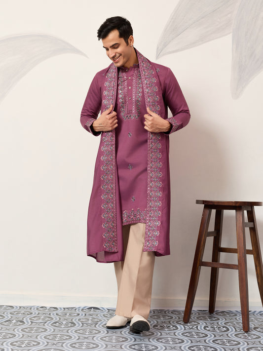 Men’s Wine Embroidered Kurta Set with Dupatta