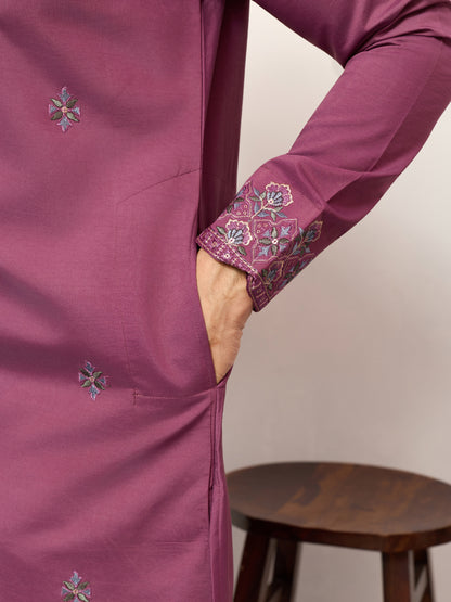 Men’s Wine Embroidered Kurta Set with Dupatta