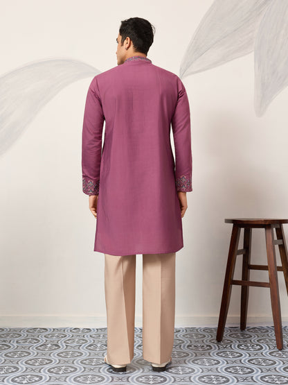 Men’s Wine Embroidered Kurta Set with Dupatta