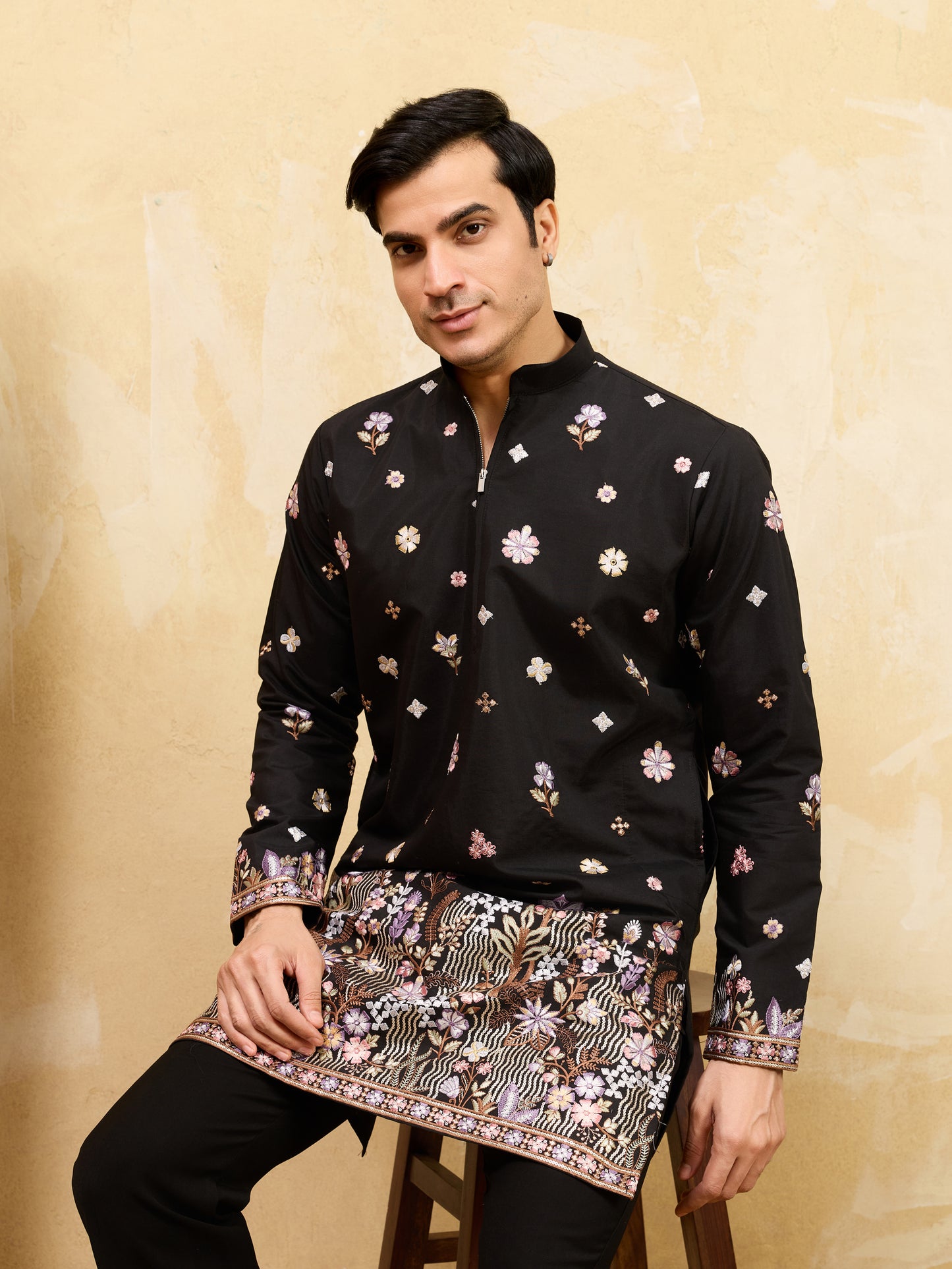 Black Floral Embroidered Kurta Set for Men – Premium Festive & Wedding Wear