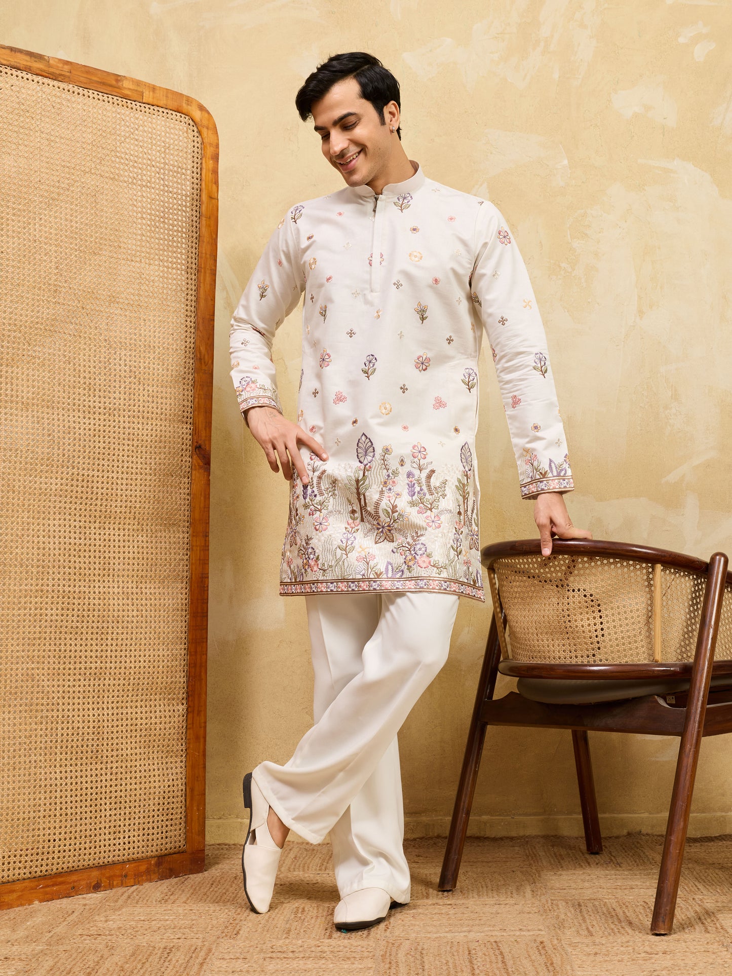 Ivory Floral Embroidered Kurta Set for Men – Elegant Festive & Wedding Wear