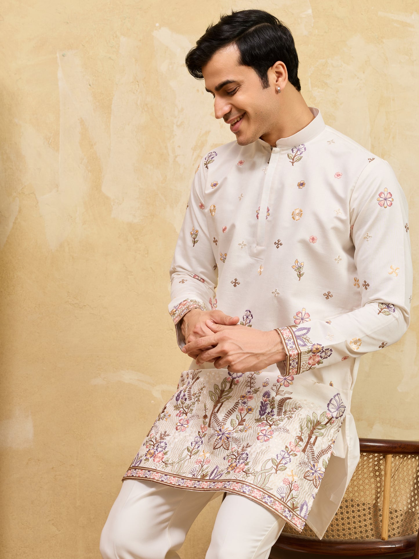 Ivory Floral Embroidered Kurta Set for Men – Elegant Festive & Wedding Wear