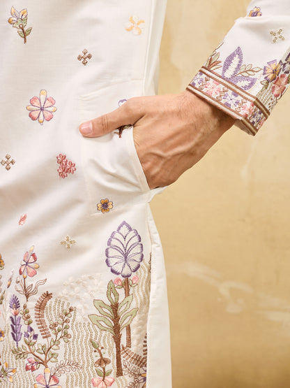 Ivory Floral Embroidered Kurta Set for Men – Elegant Festive & Wedding Wear