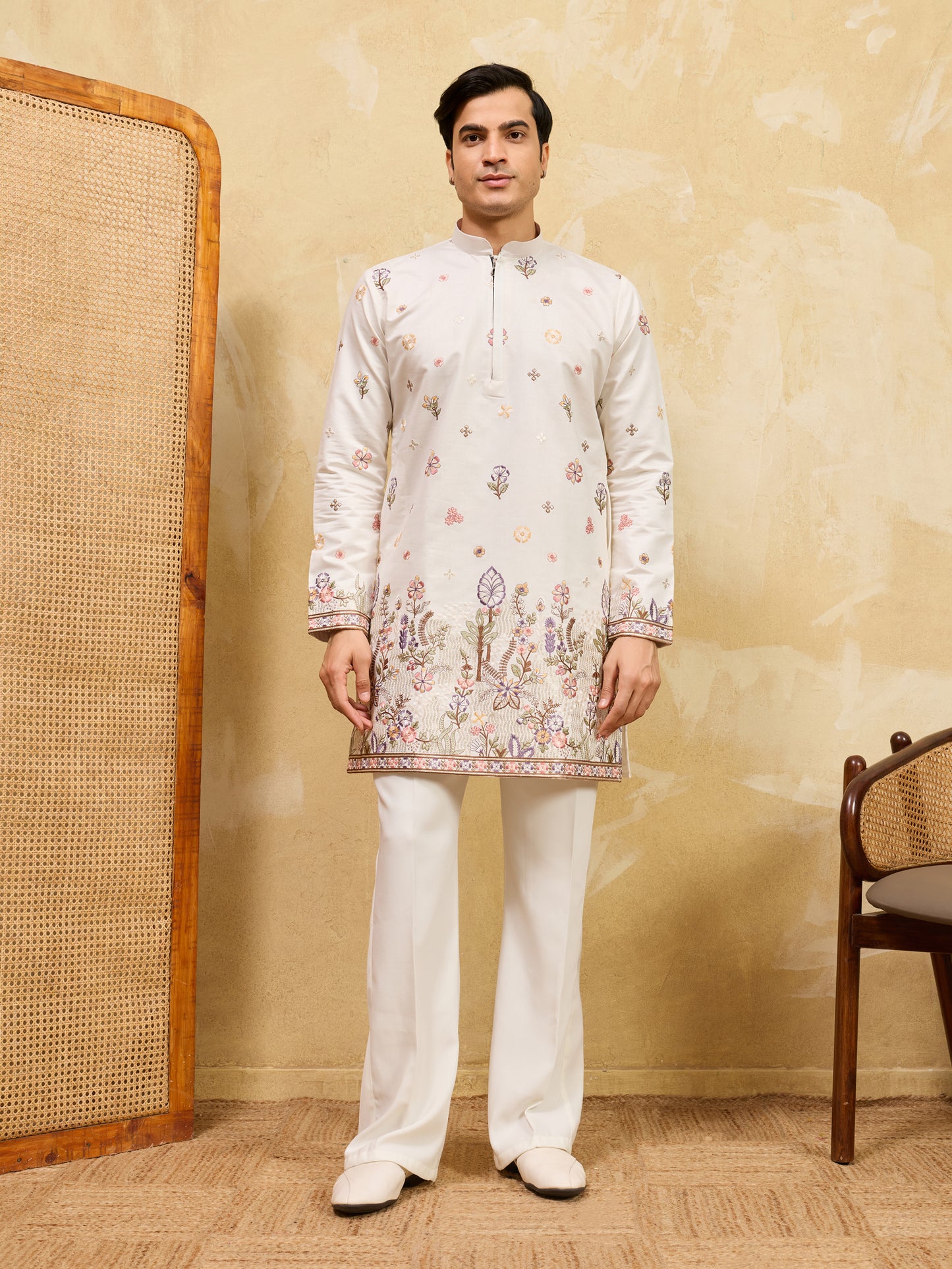 Ivory Floral Embroidered Kurta Set for Men – Elegant Festive & Wedding Wear