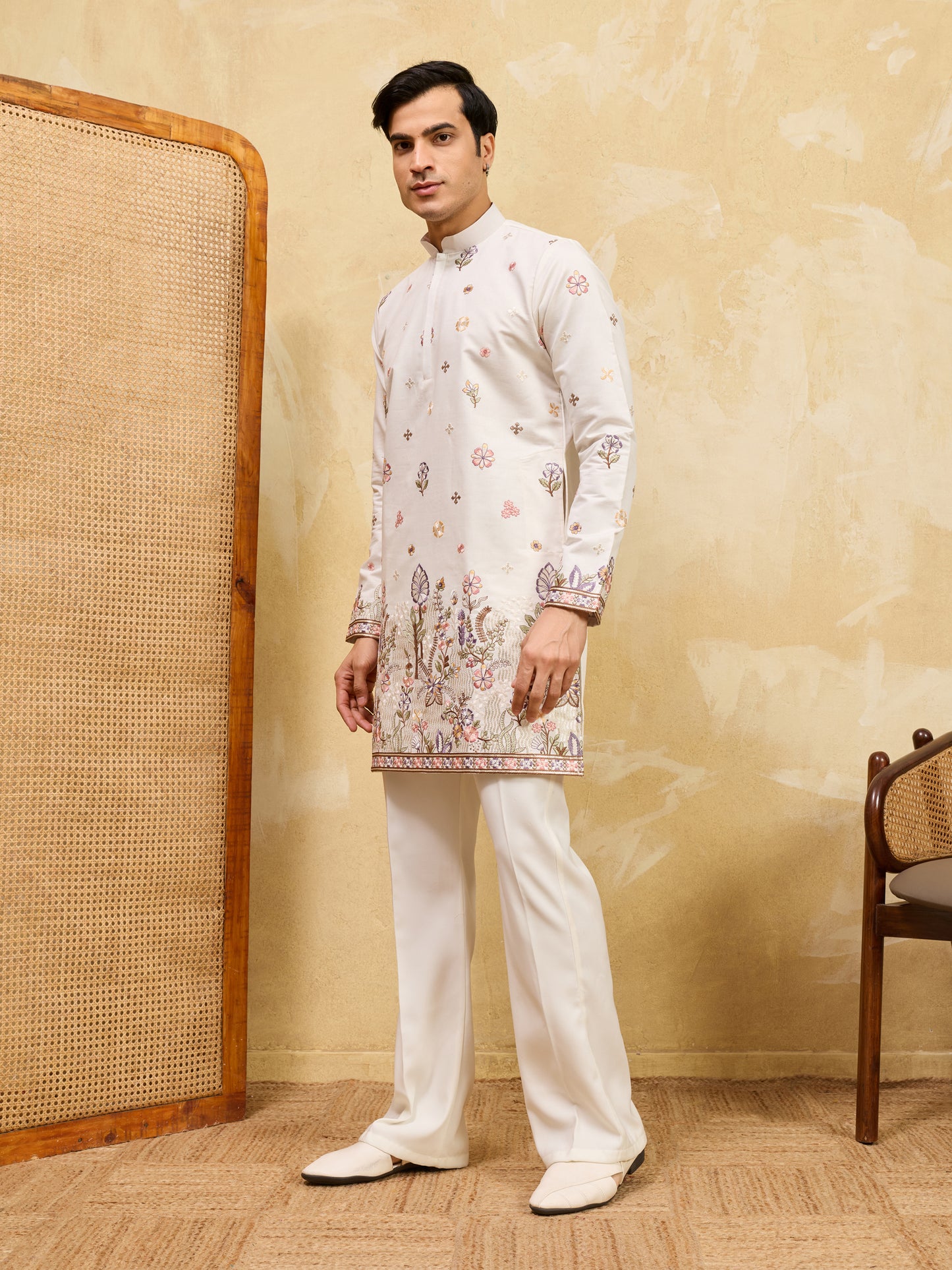 Ivory Floral Embroidered Kurta Set for Men – Elegant Festive & Wedding Wear