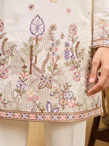 Ivory Floral Embroidered Kurta Set for Men – Elegant Festive & Wedding Wear