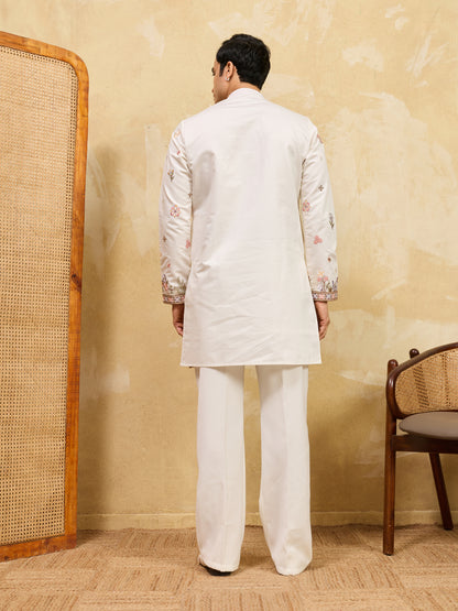 Ivory Floral Embroidered Kurta Set for Men – Elegant Festive & Wedding Wear