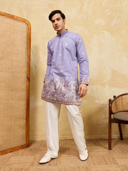Lavender Floral Embroidered Kurta Set for Men – Designer Festive & Wedding Wear