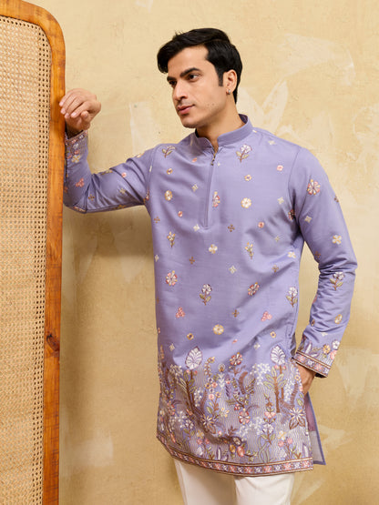 Lavender Floral Embroidered Kurta Set for Men – Designer Festive & Wedding Wear