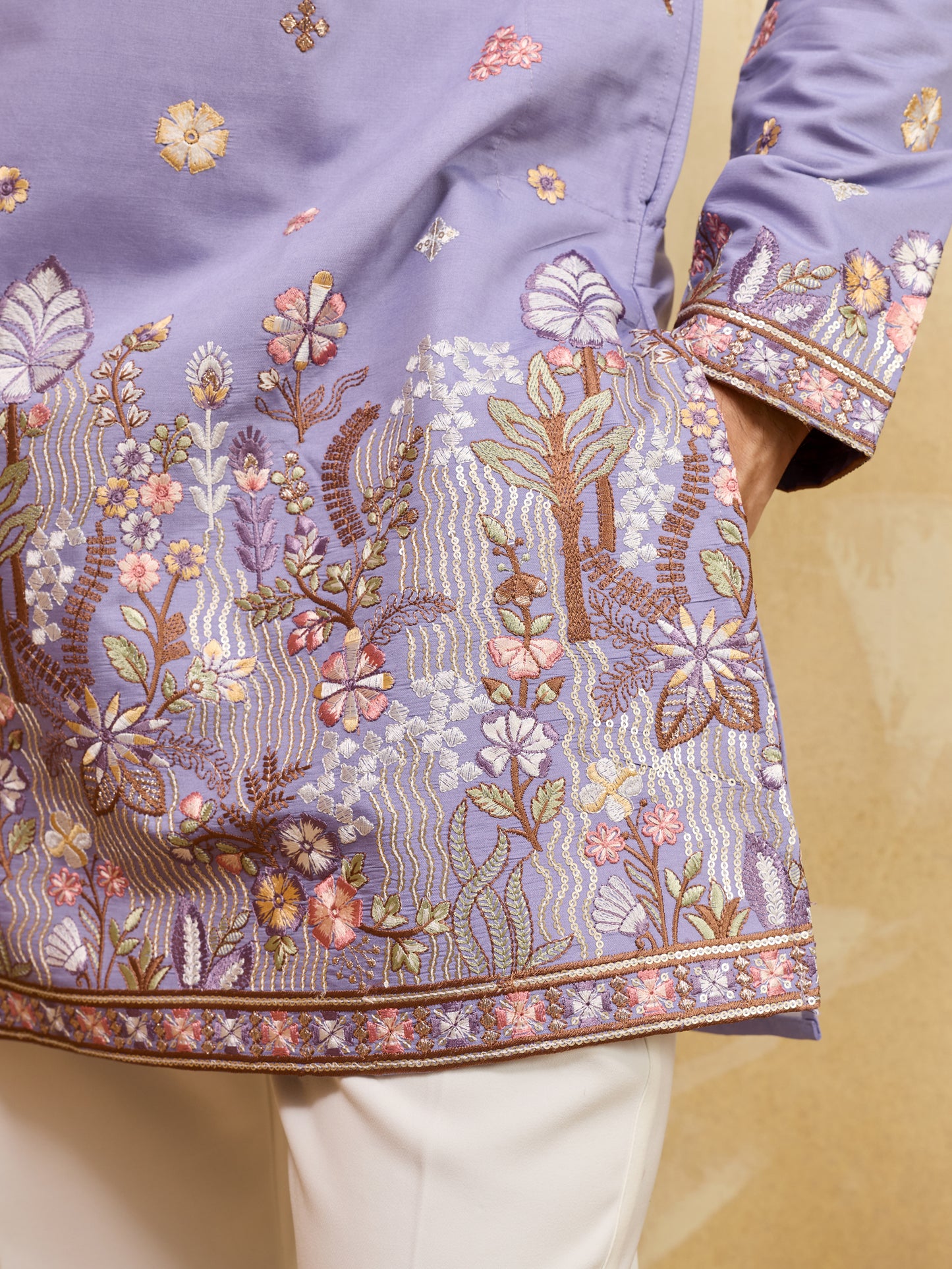 Lavender Floral Embroidered Kurta Set for Men – Designer Festive & Wedding Wear