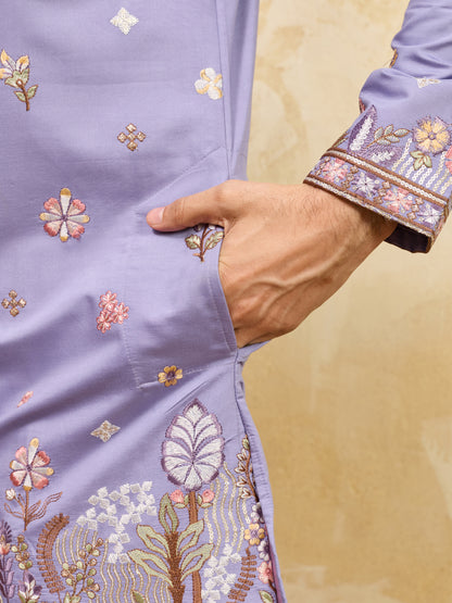 Lavender Floral Embroidered Kurta Set for Men – Designer Festive & Wedding Wear