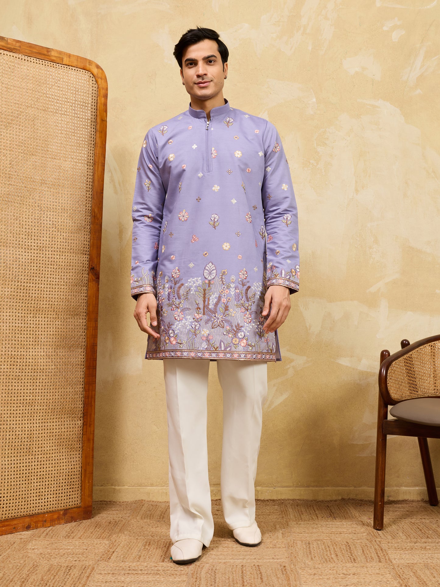 Lavender Floral Embroidered Kurta Set for Men – Designer Festive & Wedding Wear