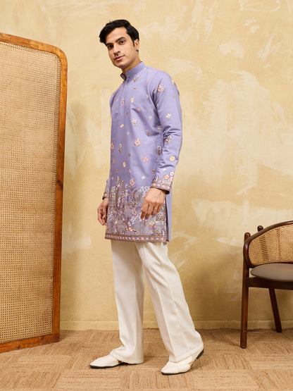 Lavender Floral Embroidered Kurta Set for Men – Designer Festive & Wedding Wear