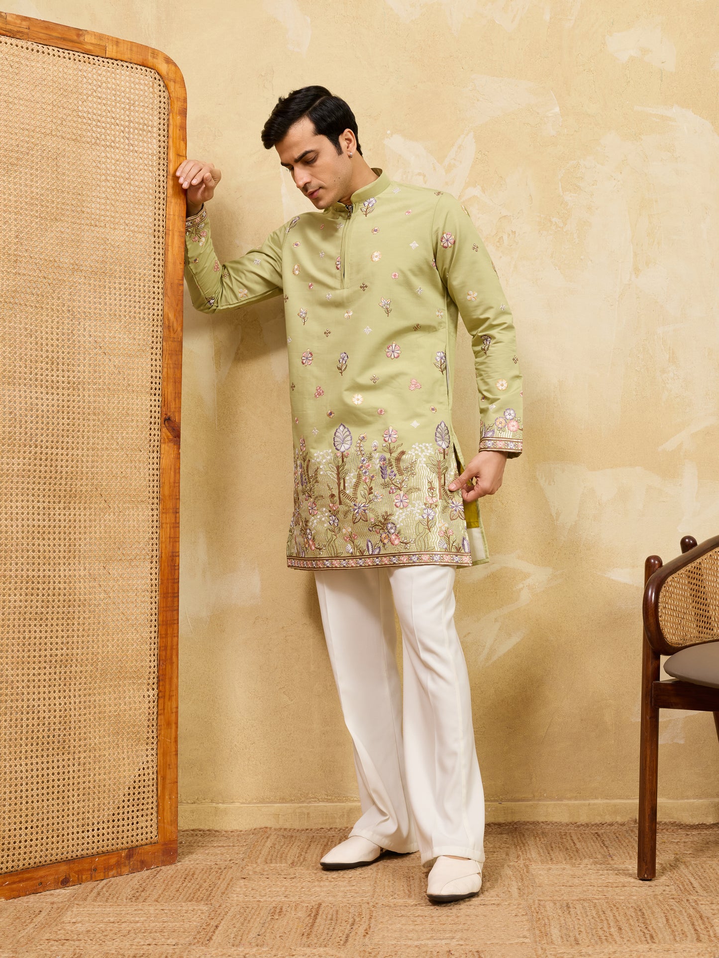 Olive Green Floral Embroidered Kurta Set for Men – Premium Festive & Wedding Wear