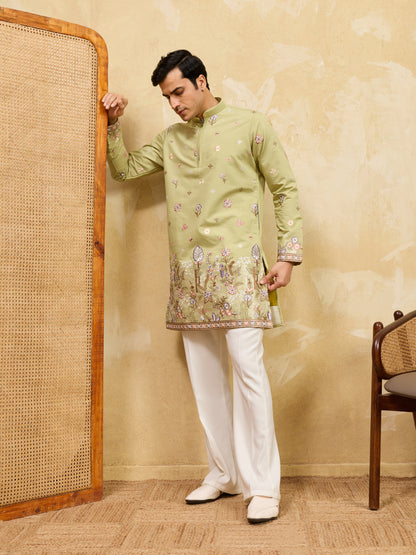 Olive Green Floral Embroidered Kurta Set for Men – Premium Festive & Wedding Wear