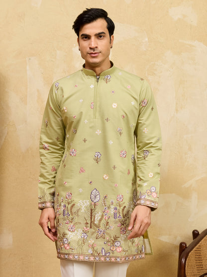 Olive Green Floral Embroidered Kurta Set for Men – Premium Festive & Wedding Wear