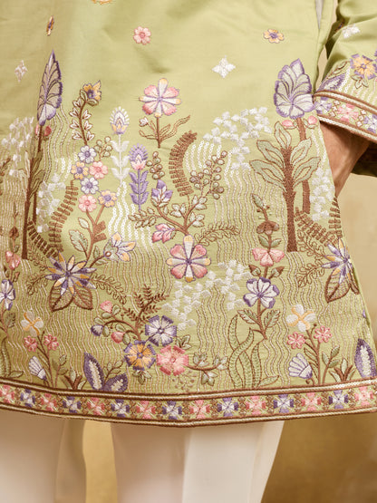 Olive Green Floral Embroidered Kurta Set for Men – Premium Festive & Wedding Wear
