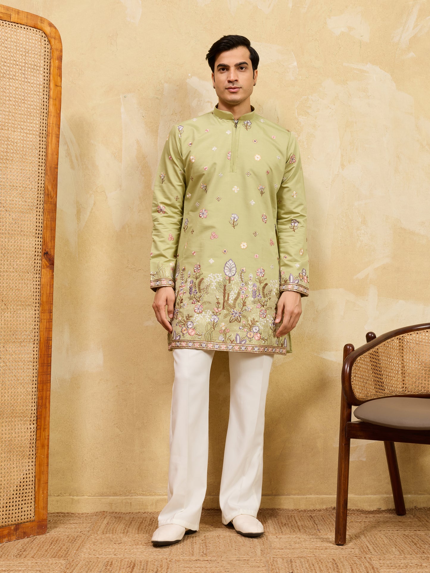 Olive Green Floral Embroidered Kurta Set for Men – Premium Festive & Wedding Wear
