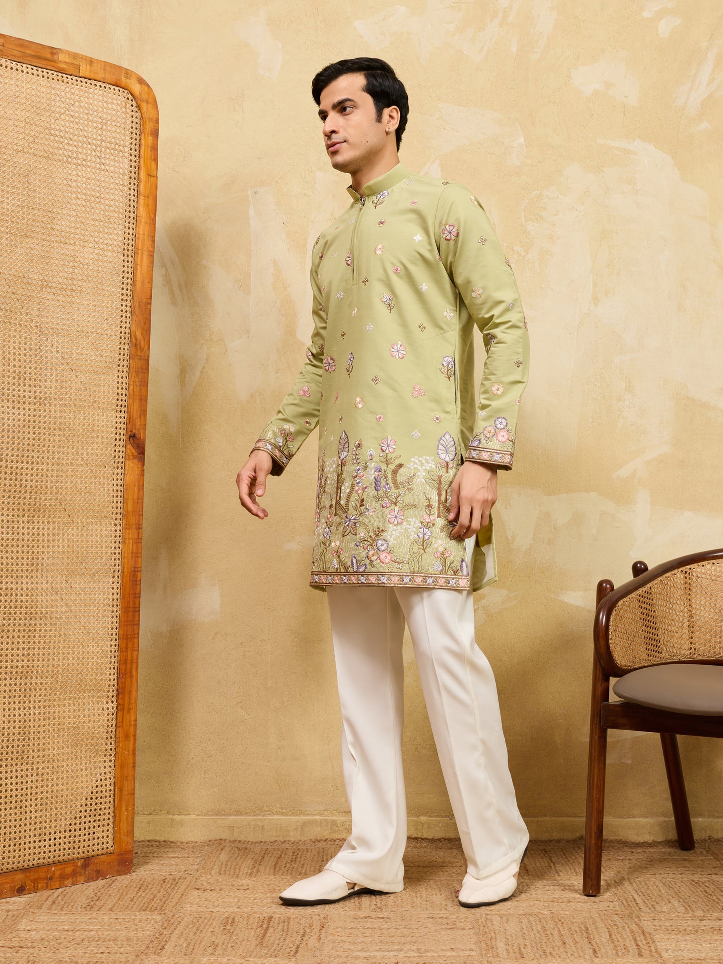 Olive Green Floral Embroidered Kurta Set for Men – Premium Festive & Wedding Wear