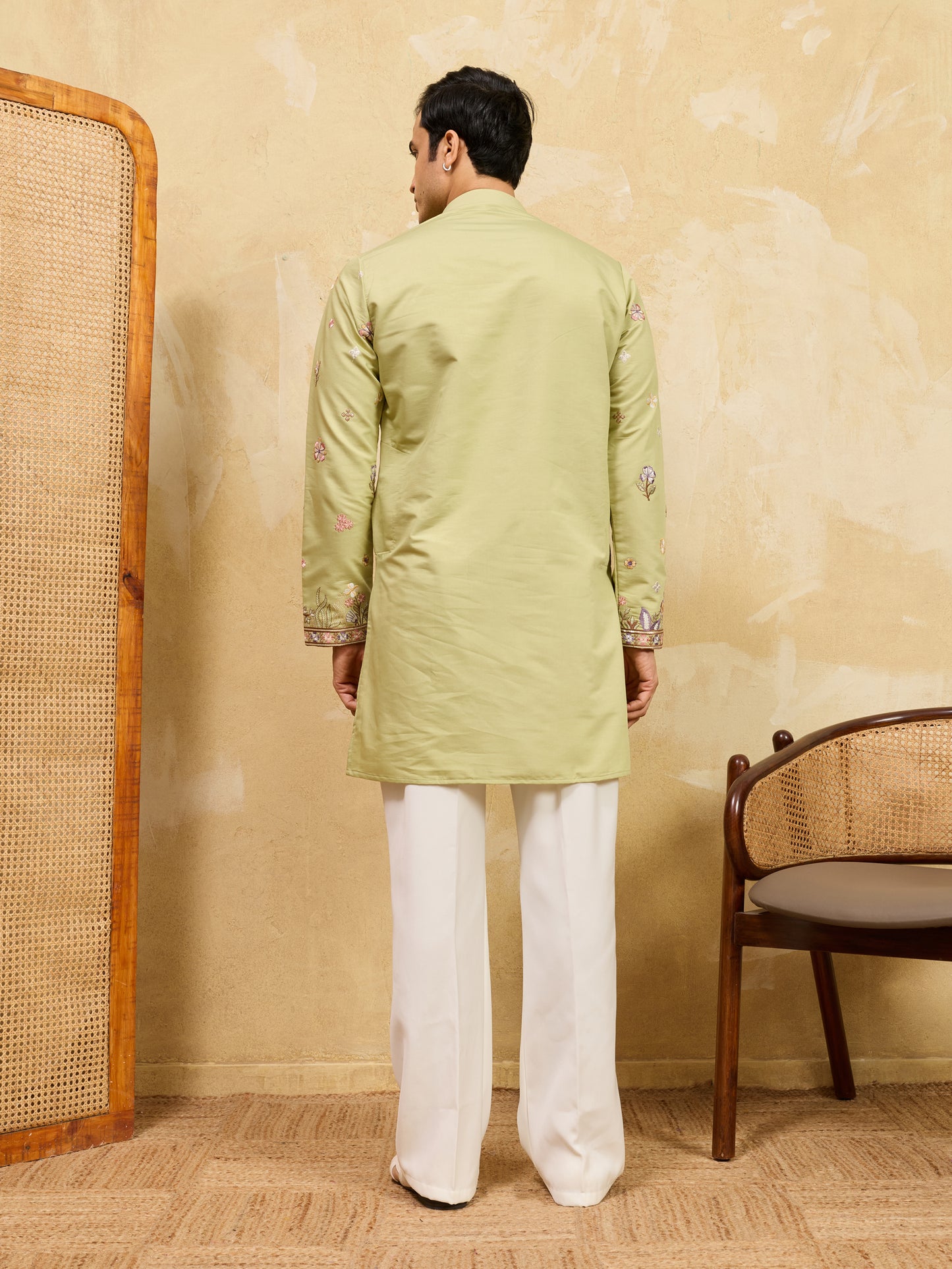 Olive Green Floral Embroidered Kurta Set for Men – Premium Festive & Wedding Wear
