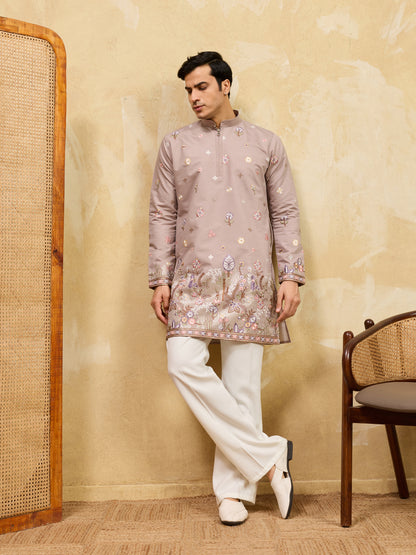 Dusty Rose Floral Embroidered Kurta Set for Men – Elegant Wedding & Festive Ethnic Wear