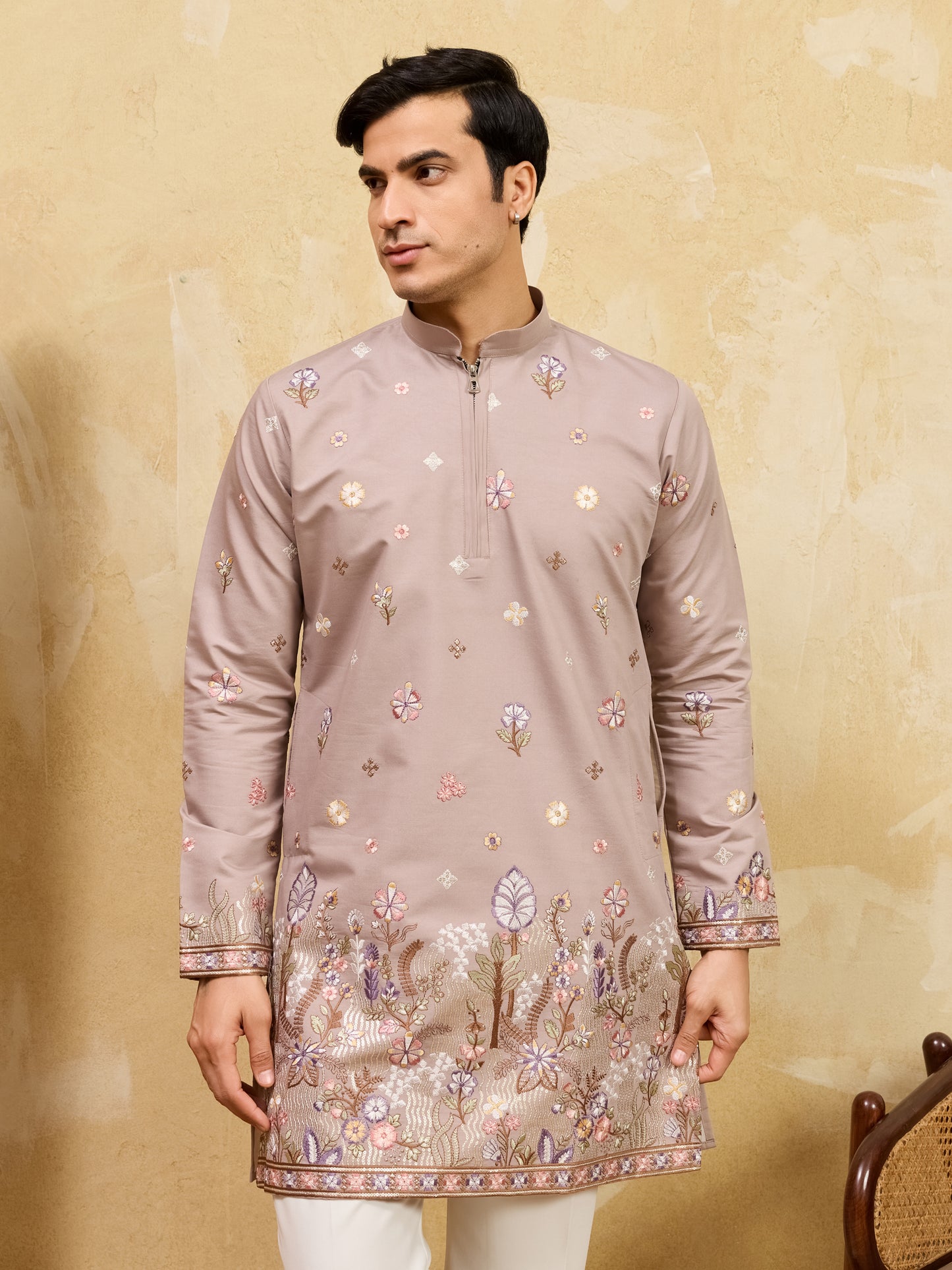 Dusty Rose Floral Embroidered Kurta Set for Men – Elegant Wedding & Festive Ethnic Wear