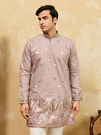 Dusty Rose Floral Embroidered Kurta Set for Men – Elegant Wedding & Festive Ethnic Wear
