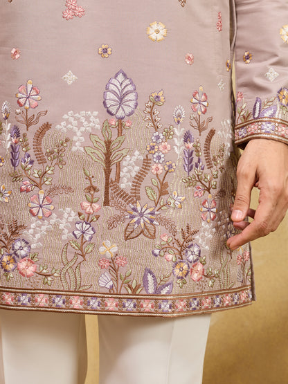 Dusty Rose Floral Embroidered Kurta Set for Men – Elegant Wedding & Festive Ethnic Wear