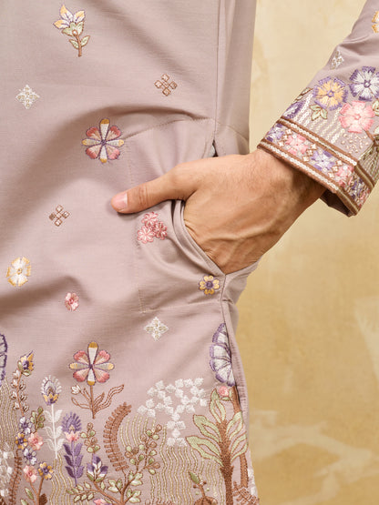 Dusty Rose Floral Embroidered Kurta Set for Men – Elegant Wedding & Festive Ethnic Wear