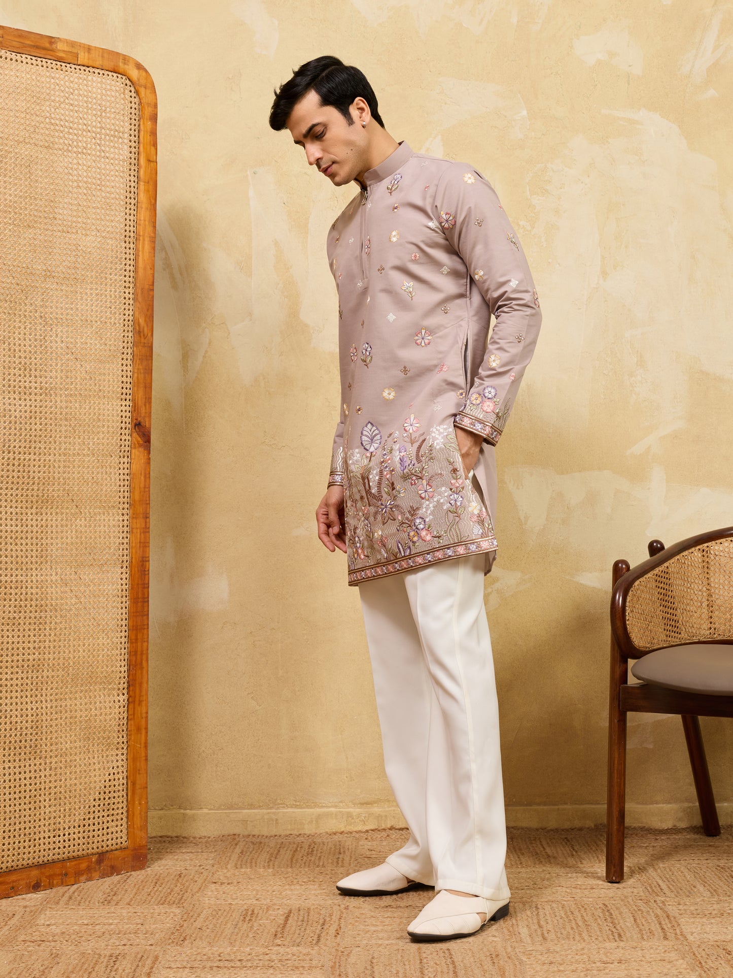 Dusty Rose Floral Embroidered Kurta Set for Men – Elegant Wedding & Festive Ethnic Wear
