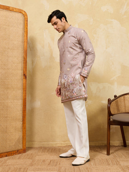 Dusty Rose Floral Embroidered Kurta Set for Men – Elegant Wedding & Festive Ethnic Wear