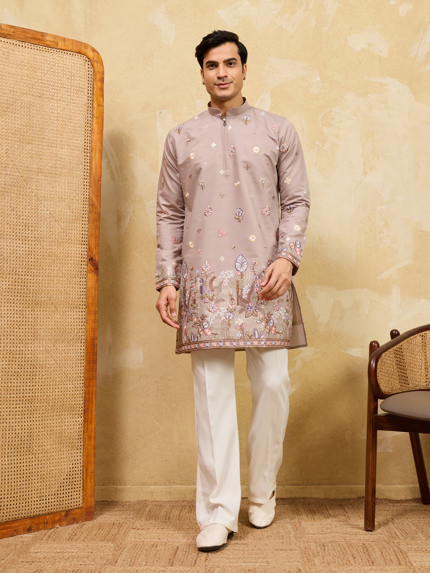 Dusty Rose Floral Embroidered Kurta Set for Men – Elegant Wedding & Festive Ethnic Wear