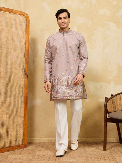 Dusty Rose Floral Embroidered Kurta Set for Men – Elegant Wedding & Festive Ethnic Wear