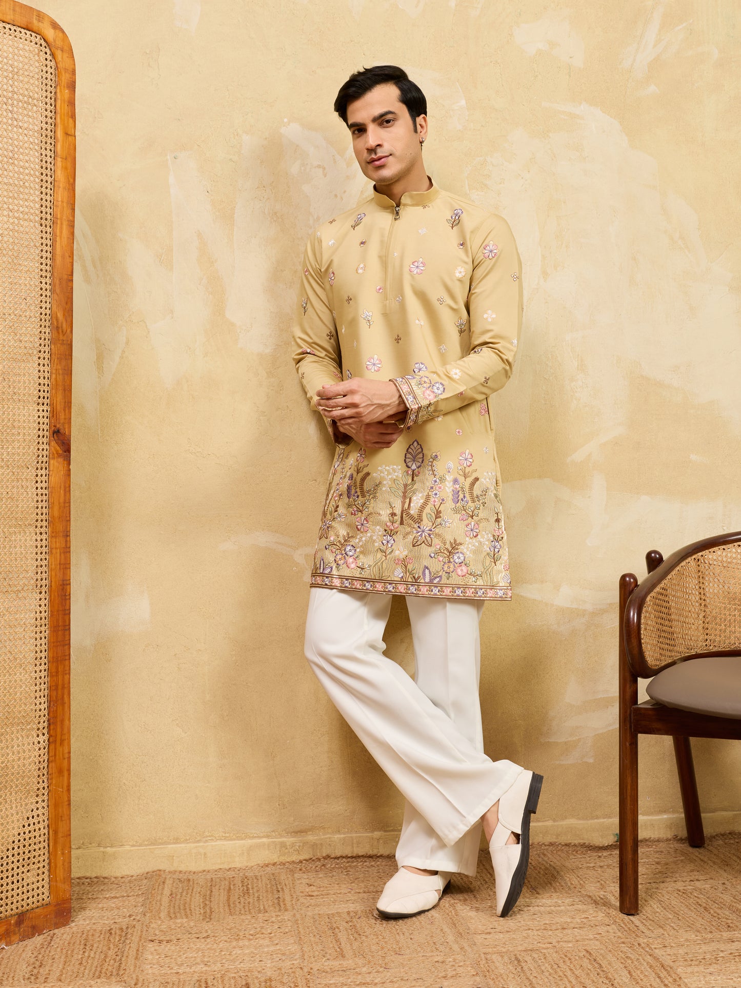 Mustard Floral Embroidered Festive Kurta for Men