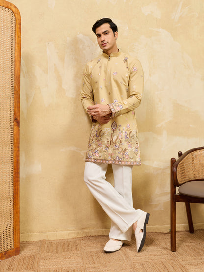 Mustard Floral Embroidered Festive Kurta for Men
