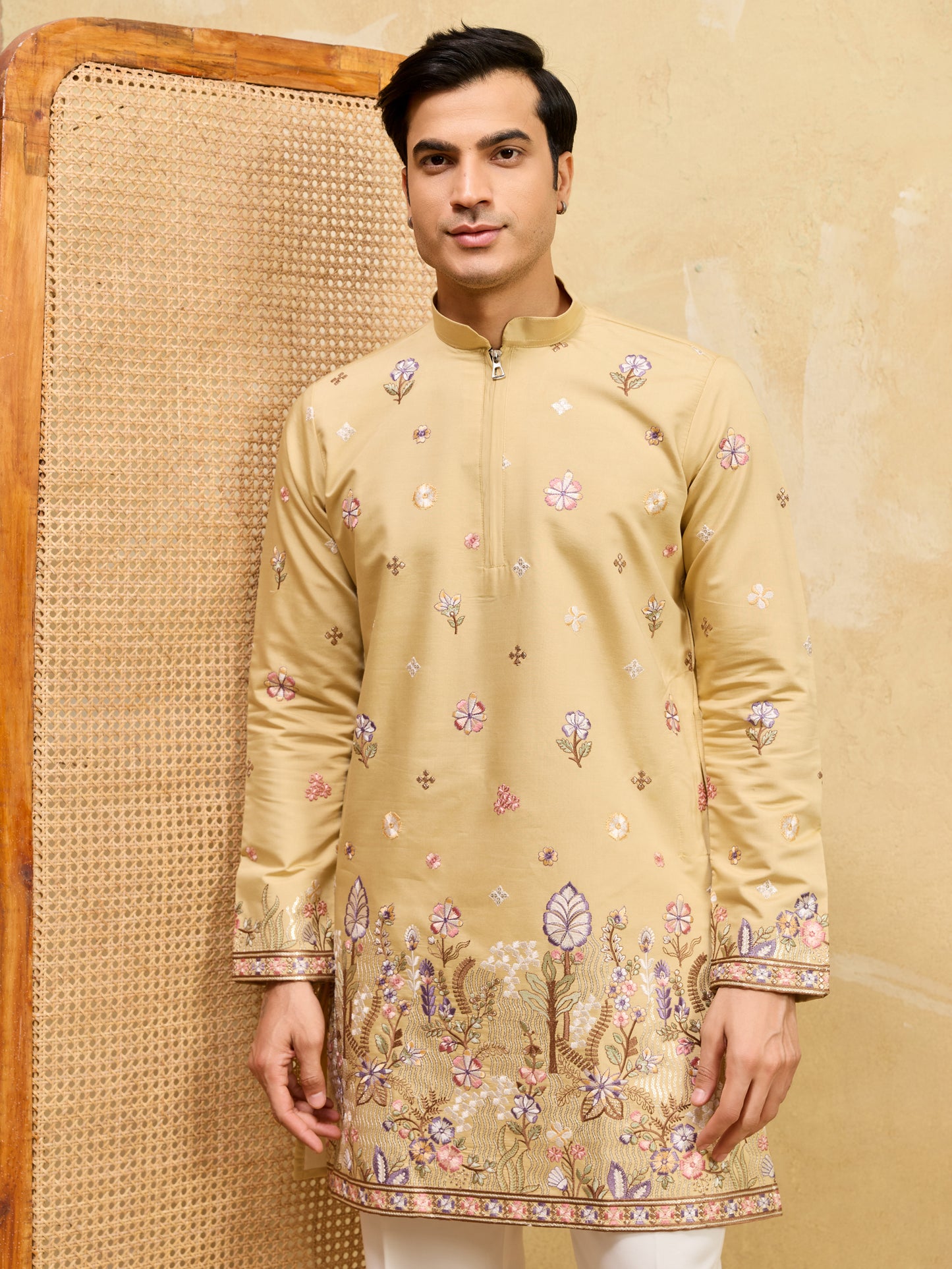 Mustard Floral Embroidered Festive Kurta for Men