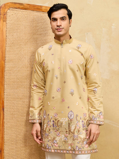 Mustard Floral Embroidered Festive Kurta for Men