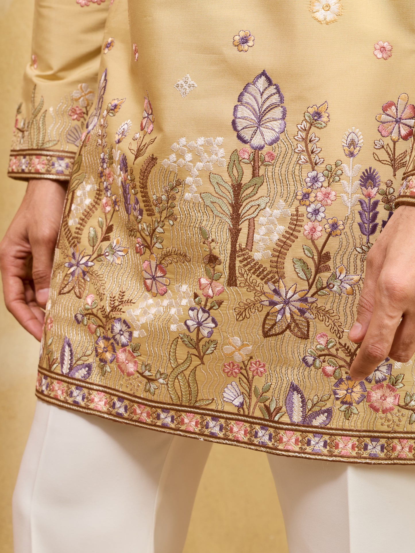 Mustard Floral Embroidered Festive Kurta for Men